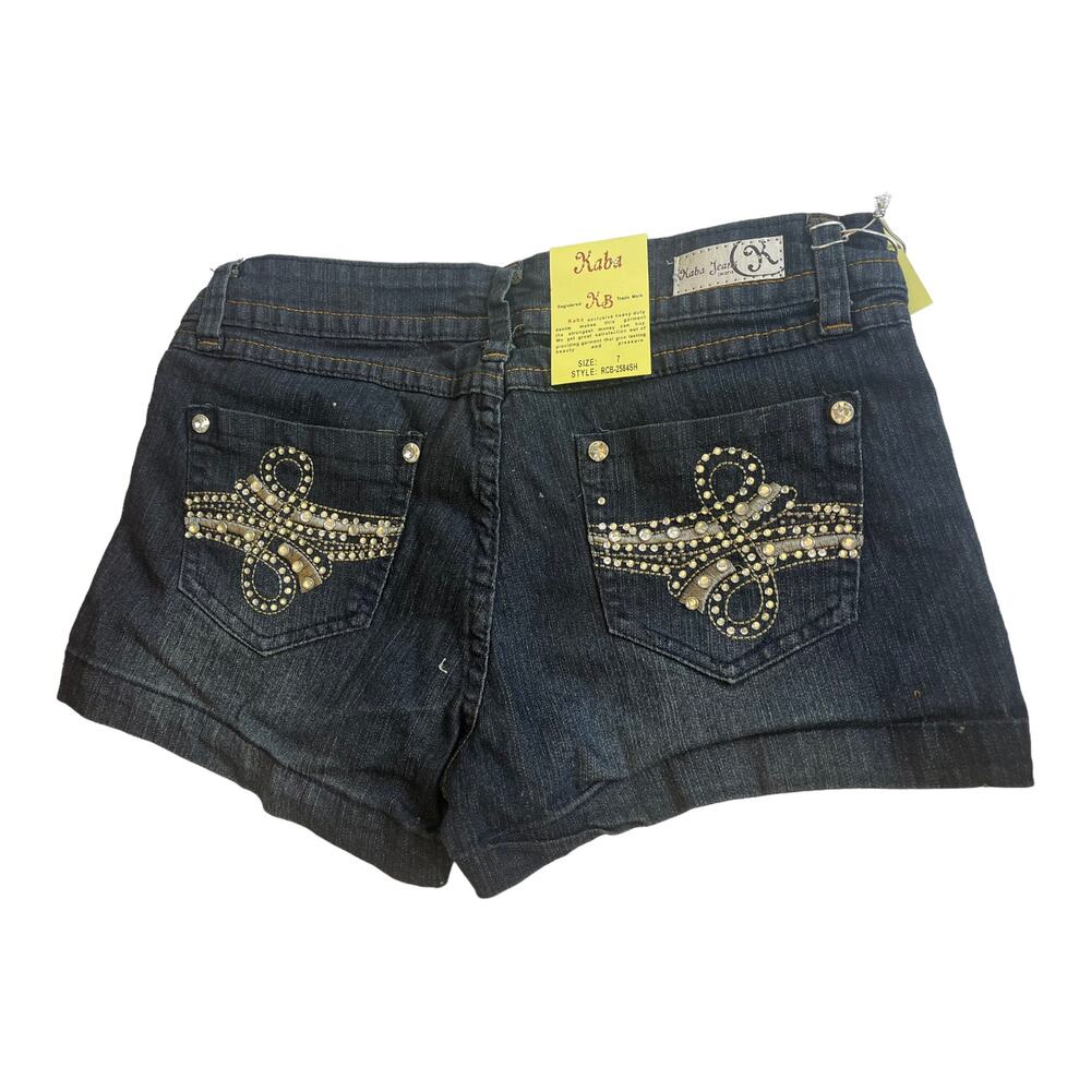 NEW Kaba JEAN SHORTS SZ 7 Dark Blue Denim Stone Stud Bedazzled Double Lasso NWT